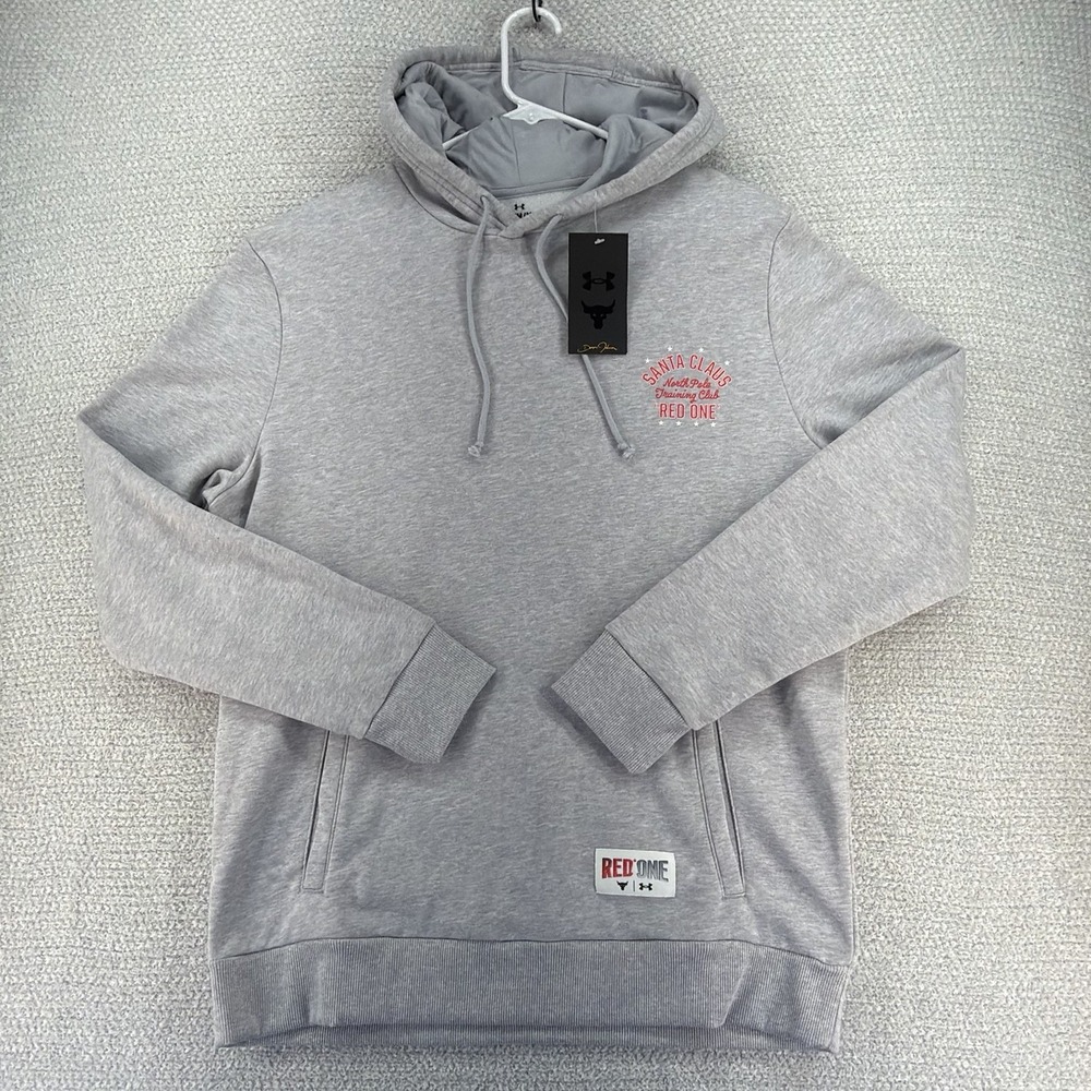 Under‎ Armour Project Rock Hoodie Mens Medium Gray Red One Club Santa Claus